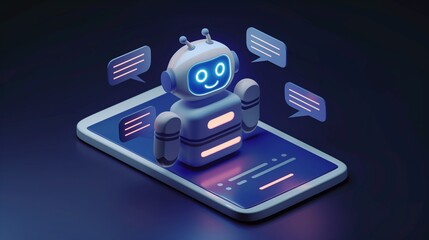 A digital illustration of a friendly chatbot avatar with a speech bubble, displayed prominently on a modern smartphone screen, symbolizing AI customer support.