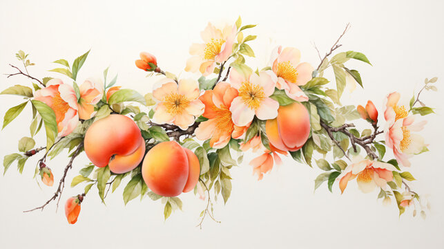 A watercolor painting of peaches and flowers