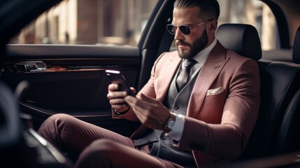 A handsome fashionable businessman is typing a message on the phone using a smartphone while sitting in a luxury car. - obrazy, fototapety, plakaty
