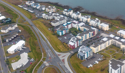Aerial view of colorful buildings general view of the port in the background - Reykjavik Iceland