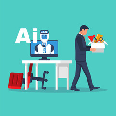 Artificial Intelligence robot replaces the work of a woman. Turnover workers. Vector illustration flat design. Isolated on white background. Technologies replace people. Robotics industry.
