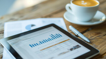 Close-up of a business analytics and checking financial news on tablet, alongside a fresh cup of cappuccino coffee on the desk - Daily routine of leadership or executive level