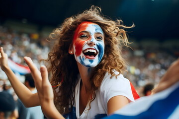 woman soccer fun with painted face of flag France in football stadium