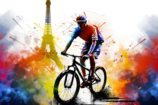 Painting graphic with splashing colors of a cycling man. Eiffel Tower on background! Olympic games concept.