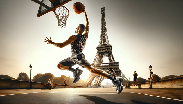 Basketball player man. Eiffel Tower on background! Olympic games concept.