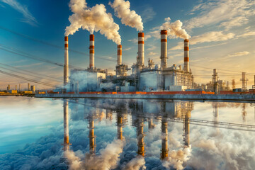 Power plant with smoke and steam on a lake with water reflections - obrazy, fototapety, plakaty