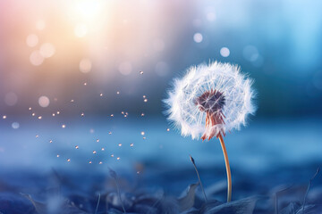 Dandelion and its seeds on a blue blurred background. Spring, summer background. Generated by artificial intelligence