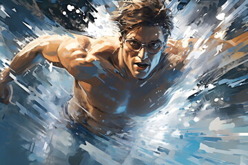 Painting graphic with splashing colors of a swimming man. Olympic games concept. - obrazy, fototapety, plakaty