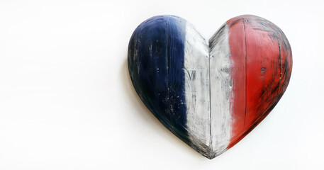 Heart in the colors of the French flag on a white background, top view, Bastille Day and French National Day concept