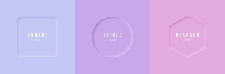 Set of vector square, round and hexagonal frames in lilac-pink shades. Shadow frames for text, creating various designs.