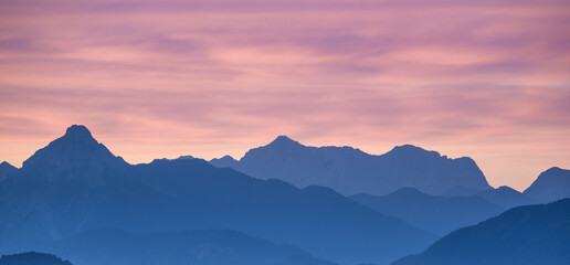 Mountains at sunset in Allgovia, Germany..