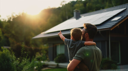 Father carrying son outdoors and pointing on solar panel on the roof - obrazy, fototapety, plakaty