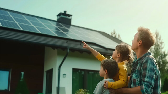 Father and child standing outdoors and pointing on solar panel on the roof
