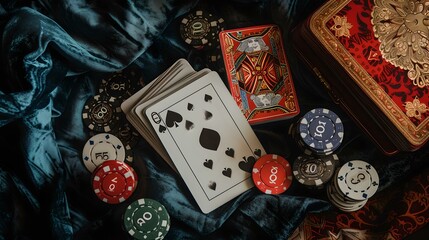 Elegant casino theme with playing cards and poker chips on rich textured fabric. capturing the essence of gambling. perfect for gaming content. AI