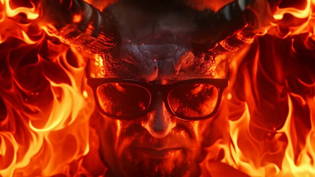 Devil with horns in glasses in hell, close-up of the face of Lucifer standing in the fire flames