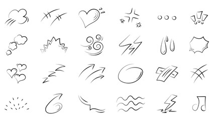 Japanese manga line elements for character emotions Hand drawn doodles in cute style. - obrazy, fototapety, plakaty