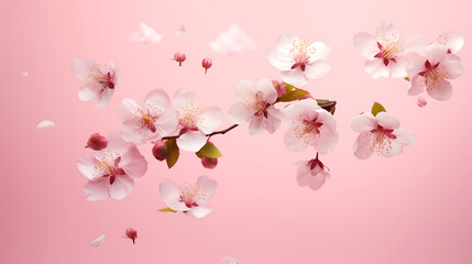 Fototapeta na wymiar Beautiful Spring Sakura tree flowers blossoms flying on pink background. Flowers tree branch blooming. Springtime concept background. Cherry Japan Sakura flowers 
