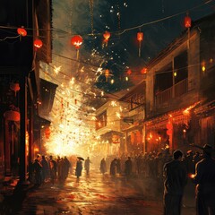 Firecrackers on Old Chinese Streets, Happy China New Year Festival, Holiday in Retro Chinese Streets