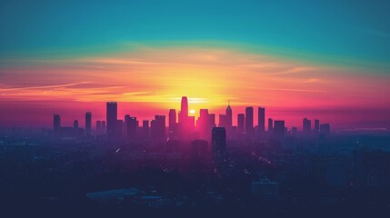 Fototapeta na wymiar City Skyline Silhouette with Gradient Sunset