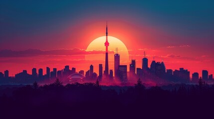 Naklejka premium City Skyline Silhouette with Gradient Sunset