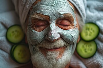 Positive Elderly Bearded Man with Cucumber Facial Mask, Happy Old Man in Spa