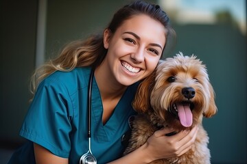 Happy Veterinary Nurse Smiling a Cute Dog, Vet Clinic, Young Puppy, Generative AI Illustration