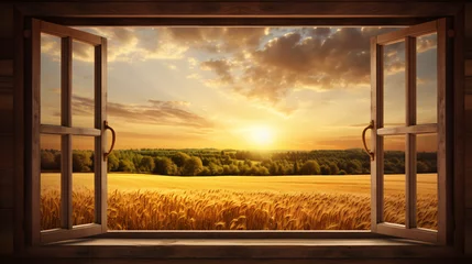 Poster A window with a view of a grassy field and trees © Ashley