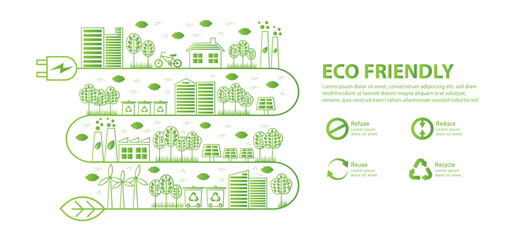 The Concept of Refuse, Reduce, Reuse, Recycle with Icons Symbol for Ecology, Ecological Waste Management. Environment Template Infographic Doodle Isolate Flate Design on Vector eco city.