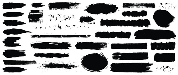 Set of Black ink vector stains. collection of black paint, ink brush strokes, brushes, lines, grungy Isolated on white background.  Vector illustration.  - 735874704