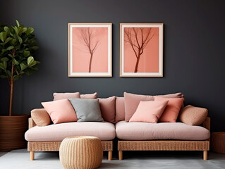interior of modern living room with pink sofa and picture frame