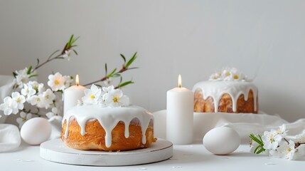 Elegant easter celebration table setting with traditional cake and decorations. simple, clean design for spring festivities. AI