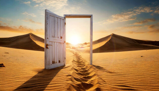 Closeup of an old white open wooden door in a desert landscape with sand dunes at sunset or sunrise. Many human footprints cross the door and are lost on the horizon. Generative Ai.