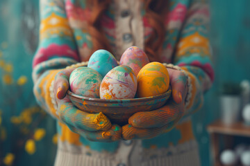 colored eggs in a bowl, Happy Easter day