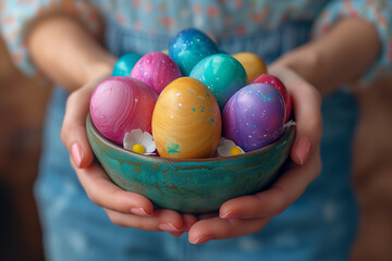 Fototapeta na wymiar easter eggs in a bowl, Hands Gently Holding a Bowl of Colorfully Painted Easter Eggs