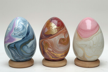colored three eggs, in the style of danish design, dark red and dark blue, dark white and dark pink, melting pots happy Easter day