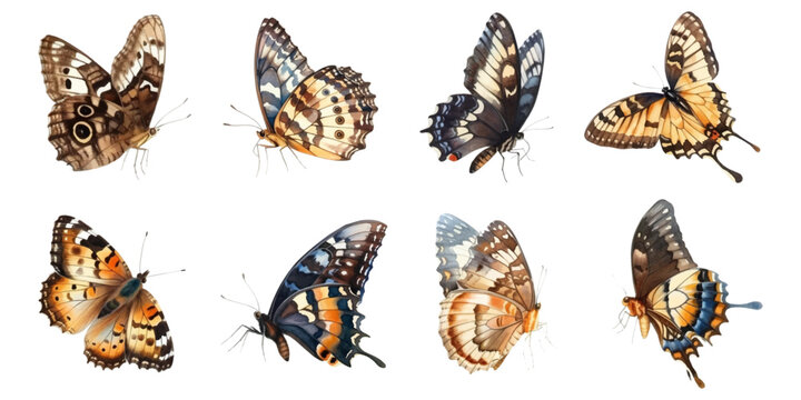Set of butterflies, side view, watercolor on white background