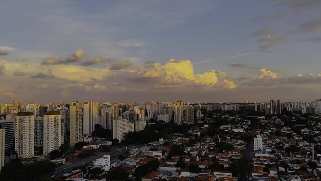 Beautiful day with beautiful clouds in the city. Sao Paulo city, Itaim Bibi and Brooklin Paulista district, Brazil. South America.