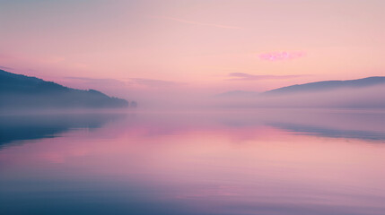Fototapeta premium Tranquil Dawn at Lakeside: Serene Water Reflecting Soft Pink and Purple Hues with Misty Mountain Backdrop - High-Quality Peaceful Nature Scenery