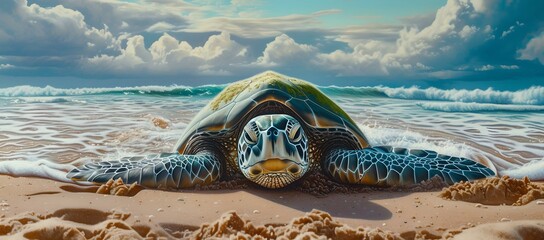 Serene sea turtle on sandy beach. nature meets ocean. capturing the wildlife essence. perfect for environmental themes. AI - obrazy, fototapety, plakaty