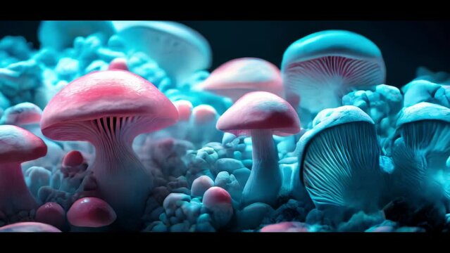 Mushroom Boletus edulis composition in blue and pink neon light. Long horizontal banner. Generative AI 4k video footage
