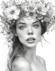 Illustration of a bright and unique young woman surrounded by flowers. Elegant illustration for a coloring book. Anti-stress therapy for adults and children.