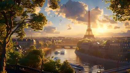 Breathtaking sunset over parisian river, eiffel tower dominates the skyline. classic european cityscape photography. ideal for travel and tourism. AI - obrazy, fototapety, plakaty