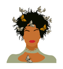 Abstract Black Woman Portrait for Female Print, Boho Girl Wall Art , Mid Century modern design, avatar. Stylish afro woman with butterflies Vector illustration in Earthy Tones, transparent background.