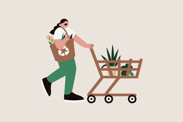 Fototapeta na wymiar Female shopping with eco friendly bag Vector Illustration