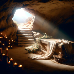 empty tomb with shroud on stone table. resurrection morning of Jesus Christ. - obrazy, fototapety, plakaty
