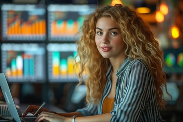 Businesswoman Develops Marketing Plans on Laptop in Office Setting