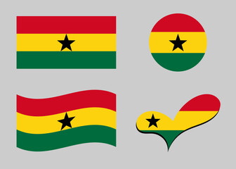 Ghanaian flag. Ghana flag in heart shape. Ghana flag in circle shape. Country flag variations.	