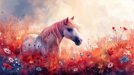 Cartoon magic style, cute pastel watercolor illustration of horse background. Cute horse
