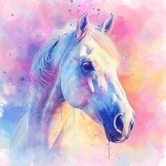 Cartoon magic style, cute pastel watercolor illustration of horse background. Cute horse