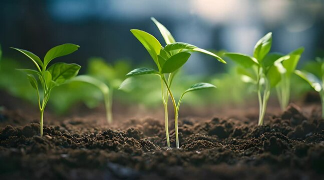 Time Lapse Video of Young Green Seedlings Thriving in Fertile Soil Against a Blurred Background
